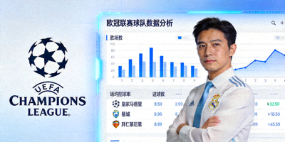 欧冠联赛标志与球队数据分析界面
